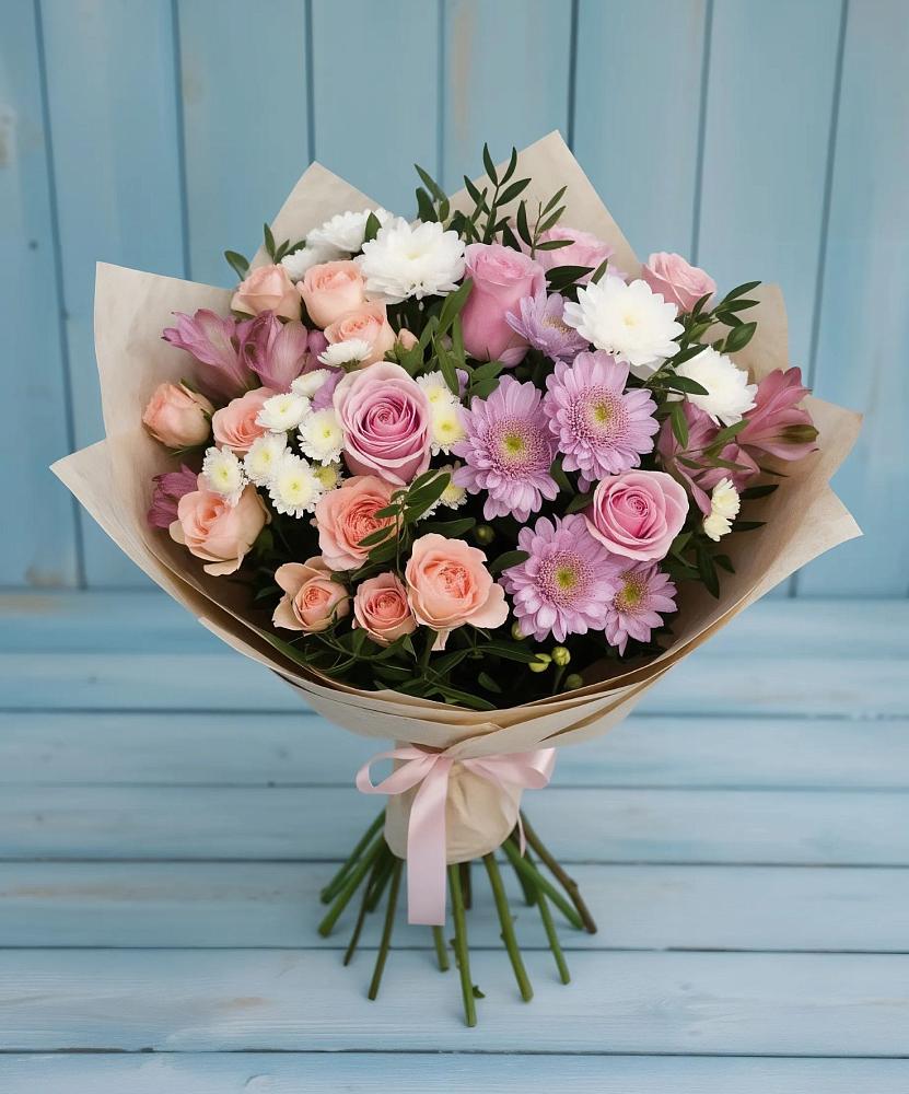 Букет цветов из: Хризантемы, Розы и Альстромерии в Рузе