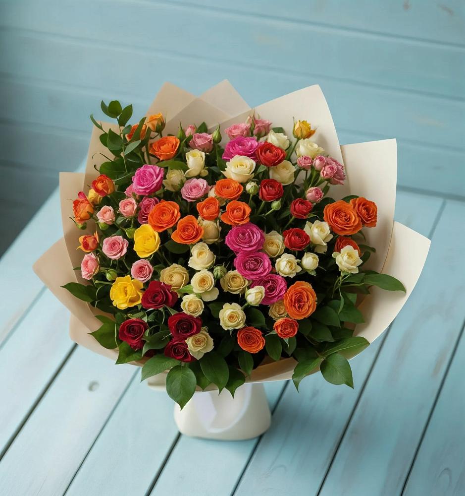 Букет Микс из разноцветных кустовых роз в Рузе