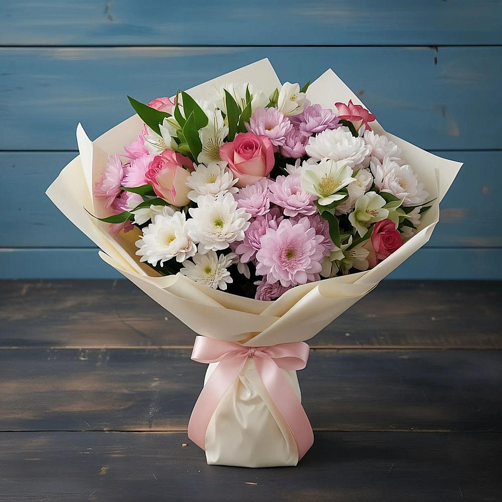 Букет цветов из: Хризантемы, Альстромерии и Розы в Рузе